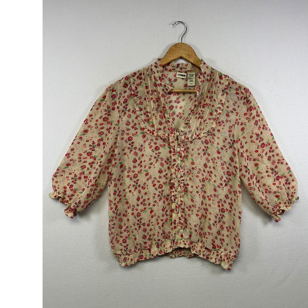 Cottagecore Route 66 Womens XL Tan Red Floral Ruffle Smocked Sheer Blouse Top